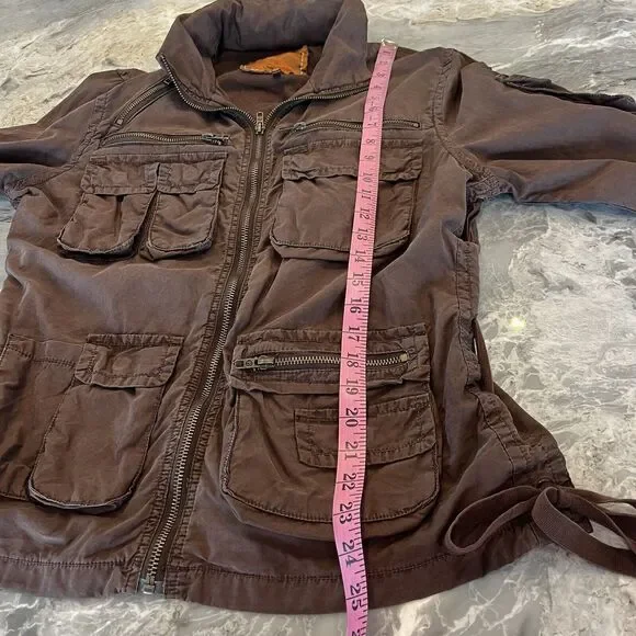 Twill 22 Twenty Two Jacket Womens L Brown Bomber Draw Strings Pockets Hood Y2K - Picture 9 of 12